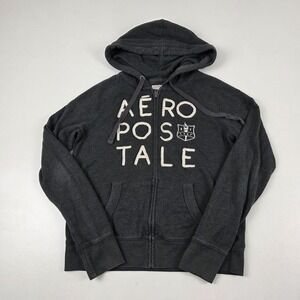 VTG Y2K Aeropostale Hoodie Womens Med Gray Full Zip Spell Out Logo Sweatshirt